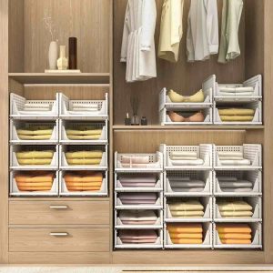 4 Pack Stackable Plastic Storage Basket, Foldable Closet Organizers Drawer Shelf Storage Container for Wardrobe Cupboard