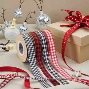Wholesale Floral Scottish Tartan Polyester Ribbon Red Black White Checkered for Christmas Decoration Wedding Gift Packaging